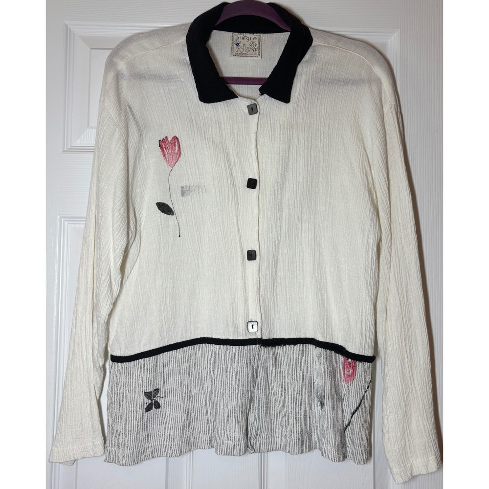 Play Alegre Button Up Top Women's White Hand Painted Floral Linen Blend Sz Med